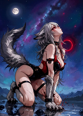 Wolf Girl Under Cosmic Sky