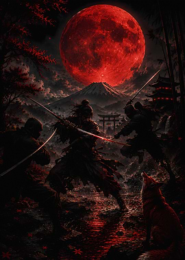 Samurai Battle Under Red Moon
