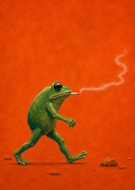 Smoking Frog Walking on Orange Background