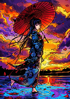 Anime Girl with Umbrella at Sunset