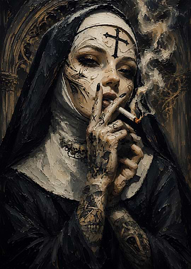 Tattooed Nun Smoking Oil Painting
