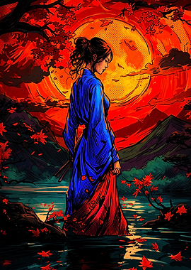 Woman in Traditional Attire by Moon