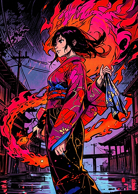 Anime Girl with Magical Fire Aura
