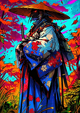 Vibrant Ronin Samurai in Autumn Forest