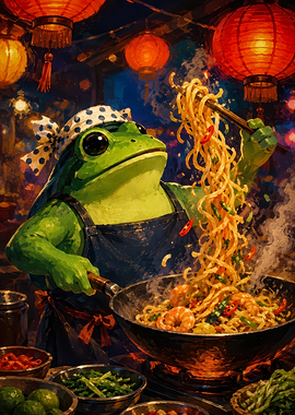 Frog Chef Cooking Stir-fry Noodles