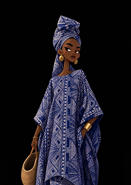 Elegant Woman in Blue Patterned Kaftan