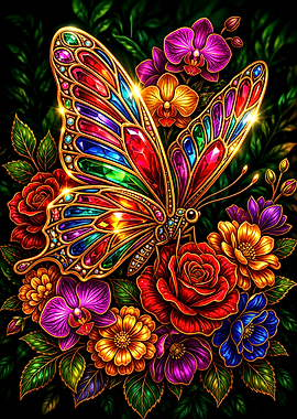 Jeweled Butterfly Among Vibrant Flowers