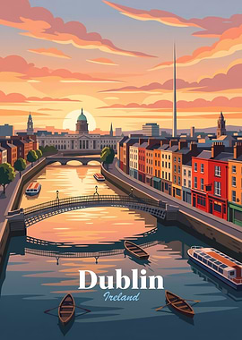 Dublin Ireland Sunset Travel Poster