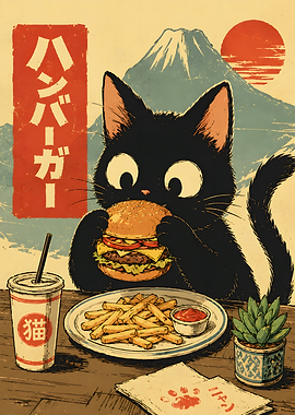 Black Cat Eating Burger Retro Poster