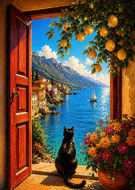 Black Cat Overlooking Mediterranean Coast