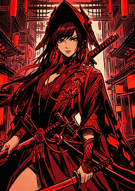 Red Samurai Warrior Anime Illustration