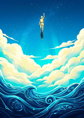 Boy Flying Above Ocean Waves