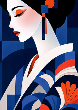 Stylized Geisha Portrait in Blue
