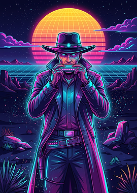 Synthwave Cowboy Playing Harmonica