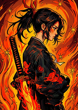 Anime Samurai Girl with Flaming Katana