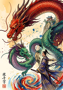 Samurai Facing Two Mythical Dragons