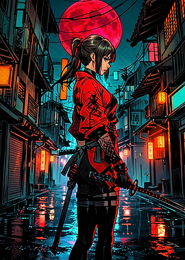 Cyberpunk Samurai Girl Under Red Moon