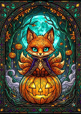 Stained Glass Kitsune Halloween Fox