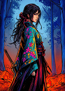 Samurai Woman in Floral Kimono