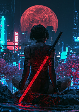 Cyberpunk Samurai Under Red Moon