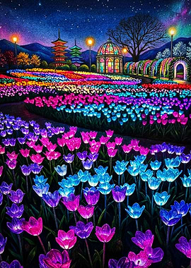 Glowing Night Garden with Pagodas