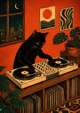 Black Cat DJ Playing Vinyl Records