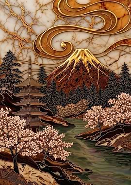 Mount Fuji – Golden Serenity – Abstract Fantasy #3