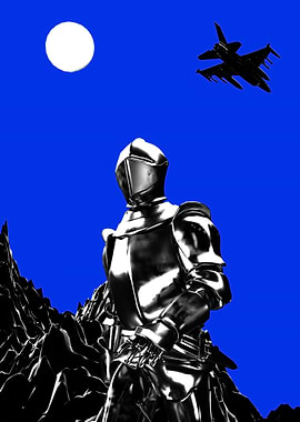Knight and Fighter Jet On Blue Sky Surreal
