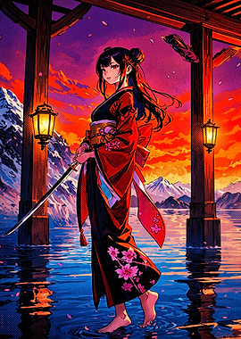 Anime Girl with Katana at Sunset