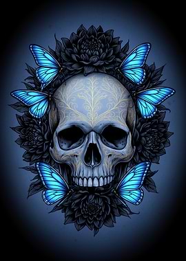 Skull with Blue Butterflies and Flowers