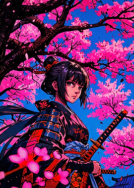 Samurai Girl Under Cherry Blossoms