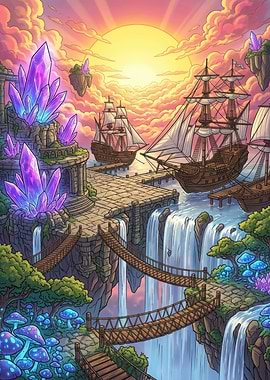 Fantasy Floating Crystal Harbor at Sunset