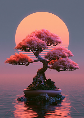 Synthwave Bonsai Tree at Sunset