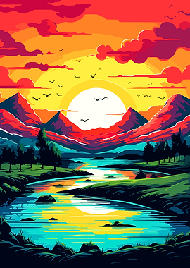 Vibrant Sunset Mountain River Landscape