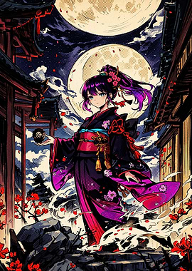 Anime Girl in Kimono Under Moon