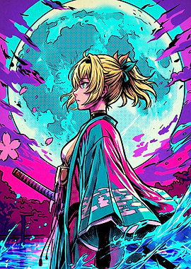 Anime Samurai Girl Under Full Moon
