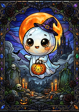 Cute Ghost Halloween Stained Glass Art