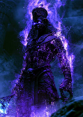 Ethereal Pharaonic Warrior in Purple Flames
