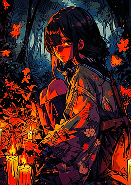 Anime Girl with Candles and Butterflies