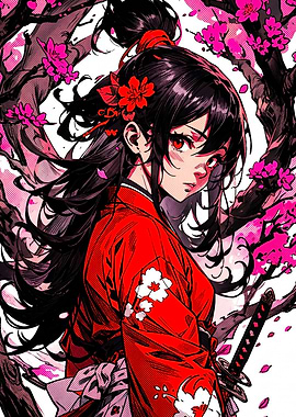 Anime Girl Samurai with Cherry Blossoms
