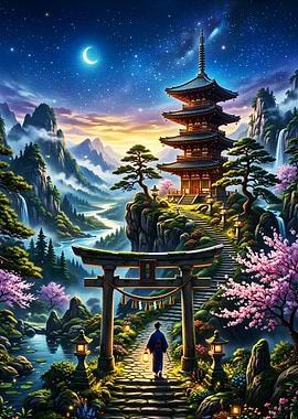 Moonlit Japanese Pagoda