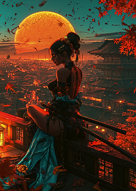 Samurai Woman Under Giant Moon