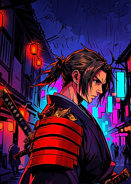 Cyberpunk Samurai in Neon Street