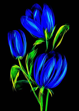 Neon Blue Tulips on Black