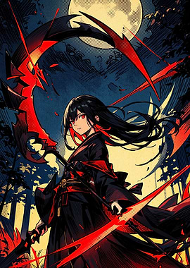 Anime Girl with Scythe Under Moon