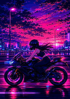 Cyberpunk Biker Girl on Kawasaki Ninja