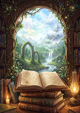 Fantasy Library Window to Magical Realm