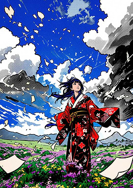 Anime Girl in Kimono Amidst Papers