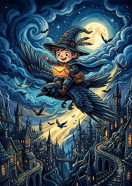 Young Wizard Flying on Giant Raven