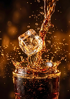 Refreshing Cola Splash with Ice Cube
